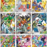 Geleakte Pokémon First Partner Pack Series 2 promo kaarten met Chikorita, Cyndaquil, Totodile, Snivy, Tepig, Oshawott, Grookey, Scorbunny en Sobble artworks vol verborgen game references en kleurrijke generatie-thema’s.
