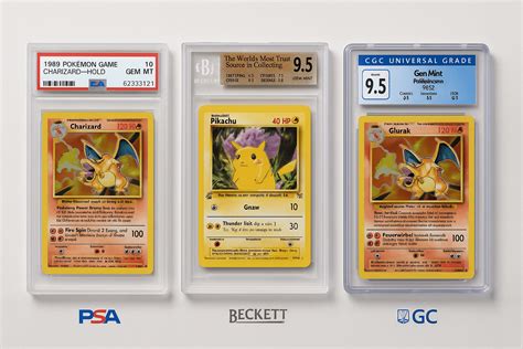 Verschillende gradingcompanies; PSA, Beckett (BGS) en CGC.